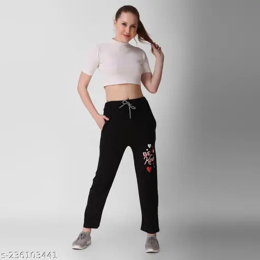 Black women's cropped crop top and high-waisted jogger with heart graphic