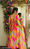 Flower print Georgette long sleeved leriyu gown with dupatta, women's party wear western style