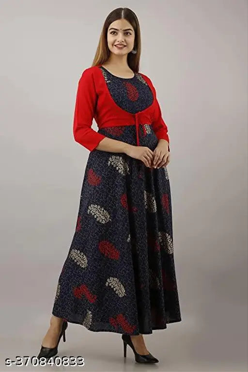 Blue printed viscose rayon Anarkali kurta with three-quarter sleeves, Indian ethnic women's fashion on mannequin