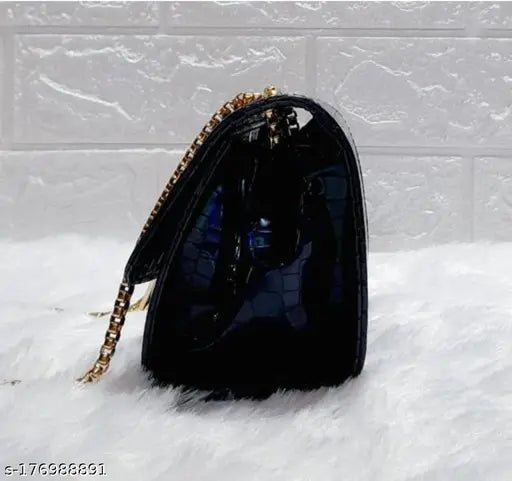 Black leatherette side sling bag, small, black buckle closure