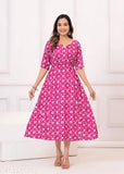 Pink floral printed anarkali kameez with churi print, long skirt length, button front closure