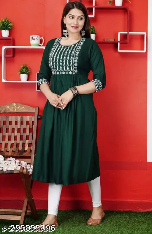 Rayon embroidered Anarkali kurta, trendy design with three-quarter sleeves. Single-colored traditional Indian women's outfit from Ali Khauja Textile