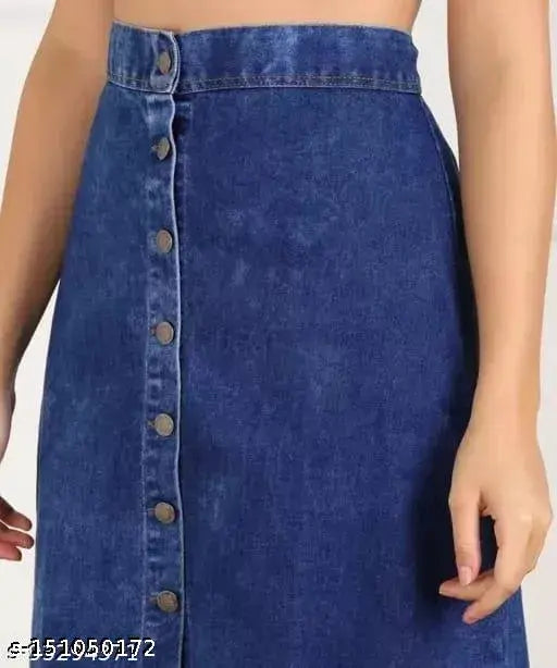 Elegant womens denim skirt, blue wash, snap buttons