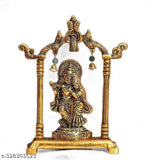 Gold-plated metal Radha Krishna idol sculpture, intricately crafted Indian handicraft for home decor and festive puja. Dimensions: 17 x 6 x 20 cm (LxWxH). Ideal as a spiritual gift or tabletop showpiece
