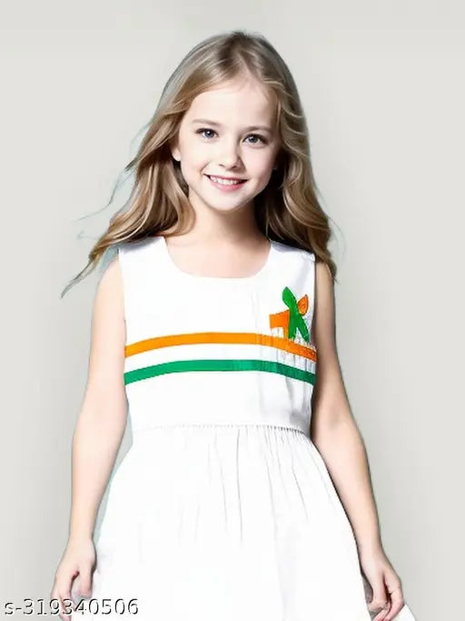 White cotton sleeveless dress, tricolor trhee printed, baby girl's
