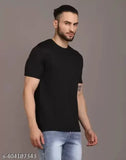 Solid polyester men's t-shirt, short sleeves, available in S, M, L, XL, XXL. Close-up on chest area for size reference