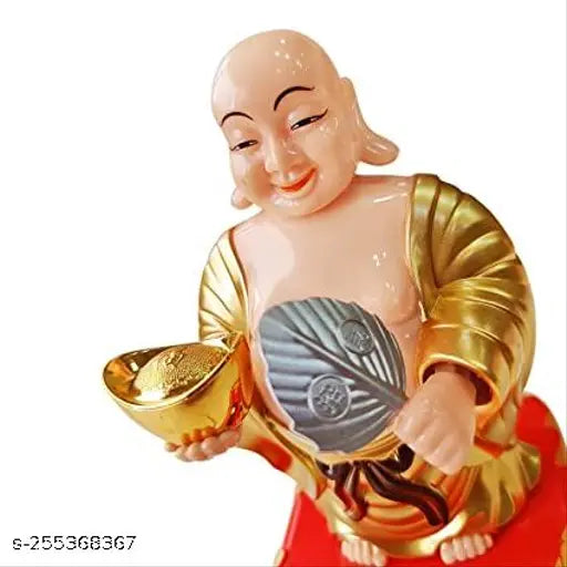 Gold Solar Laughing Buddha figurine with ingot, waving fan, and moving head for health, wealth, prosperity (medium size)