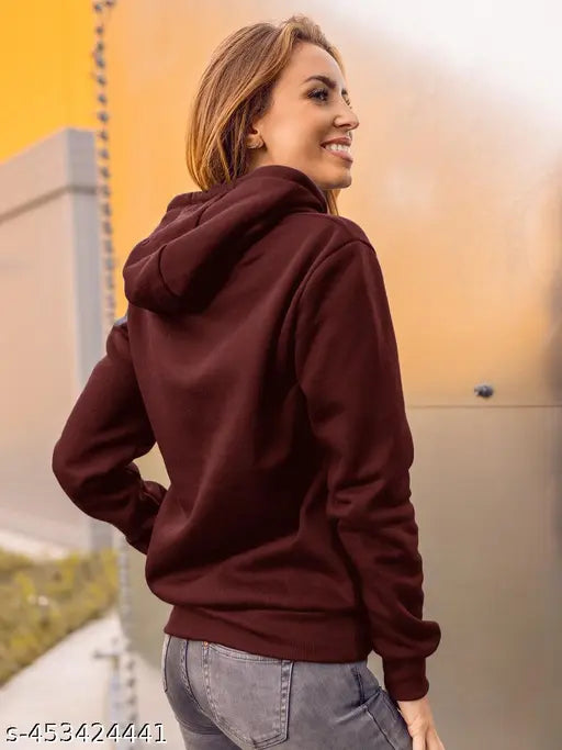 Women's solid cotton blend kangaroo pocket hoodie, Lazychunks brand, long sleeves, size L (Bust 38in, Length 26in, Waist 39in, Hip 41in, Shoulder 10in), made in India