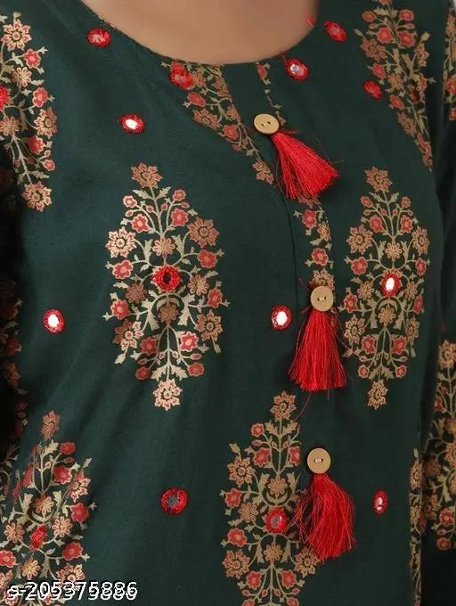 Rayon kameez set for women, dark with red tassels, full length