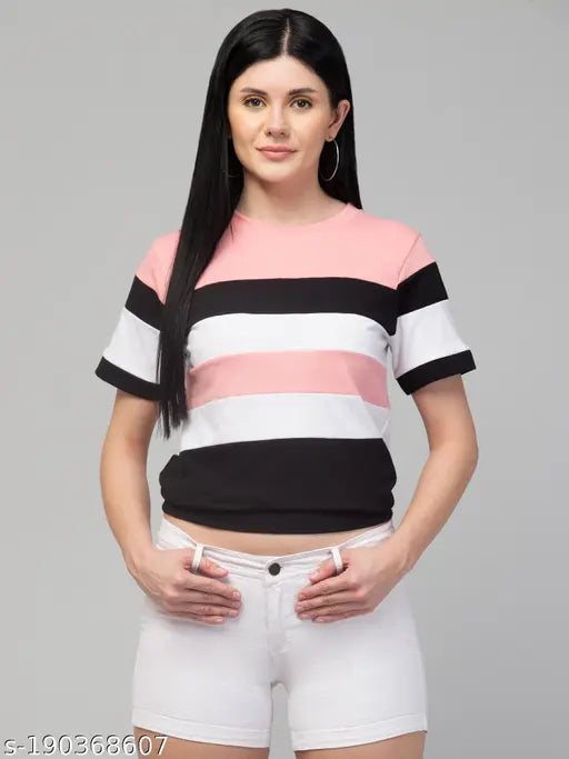Colorblocked cotton crop top, short sleeves, women's fashion from India