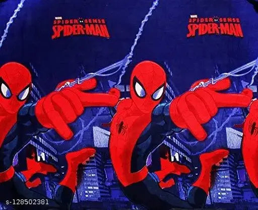 Red Spiderman cotton double bed sheet with cityscape design.