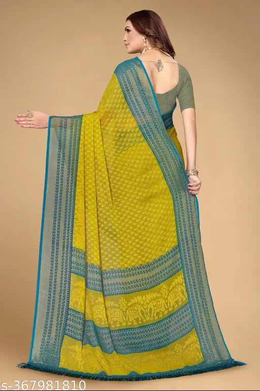 Chiffon jacquard brasso tilak print saree with matching unstitched blouse, perfect for wedding/Party and traditional gatherings. Striped pattern, free size (L: 5m, B: 0.8m), origin India