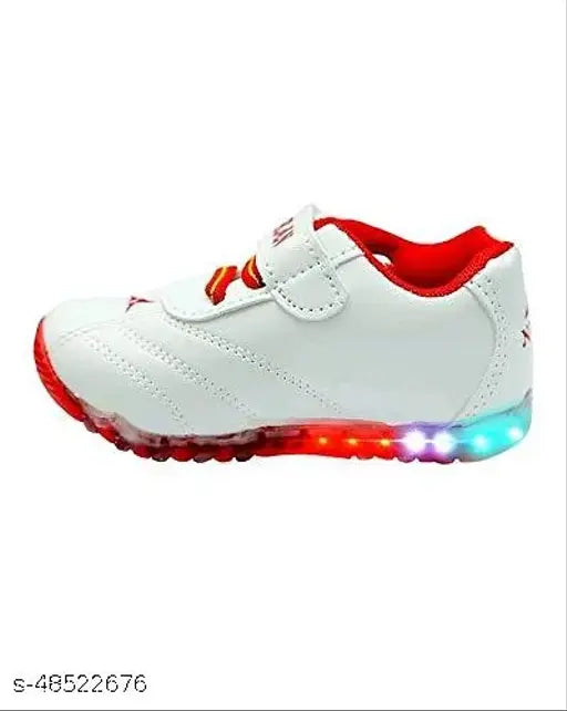 Red and white boys sneakers with glowing LED light