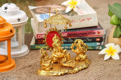 Gold-toned oxide metal Ganesh Idol with Shiv Linga and snake under dome, perfect for Puja Shivling figurine (17x16.5x10 cm). Positive energy giver in Hinduism. Ideal gift for special occasions. Made in India