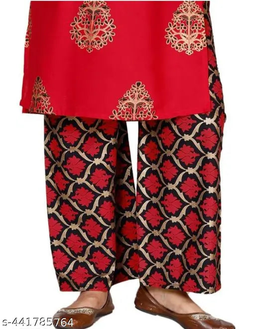Refined rayon kurti with palazzo, vibrant printed design, XS-XXXL sizes available