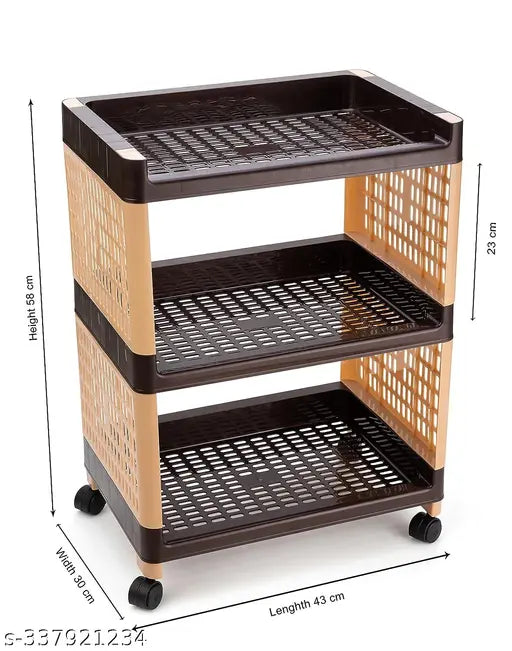 Wooden multi-purpose storage organizer, three shelves, wheels, kitchen office use