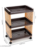 Wooden multi-purpose storage organizer, three shelves, wheels, kitchen office use