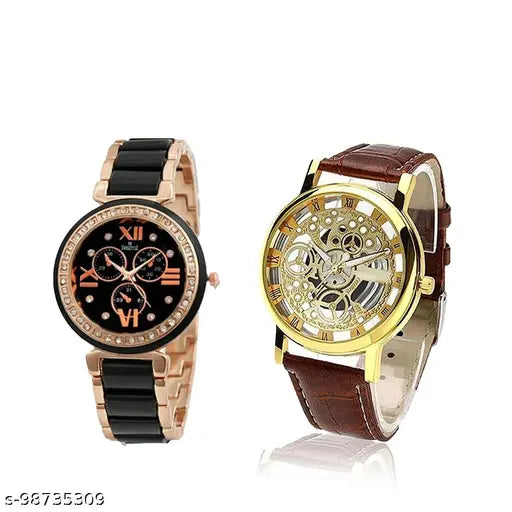 Golden analog dail strap watch, black and gold face with Roman numerals, premium girls leather strap, pack of 2