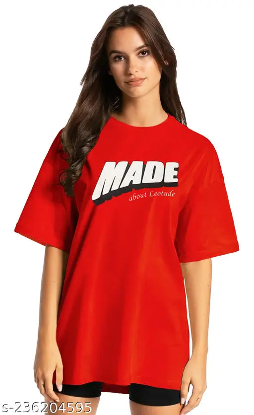 Oversized red half sleeve women's cotton blend t-shirt