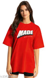 Oversized red half sleeve women's cotton blend t-shirt