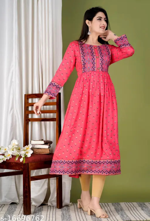 Printed viscose rayon women's gown with 34 sleeve length, festival wear, India origin
