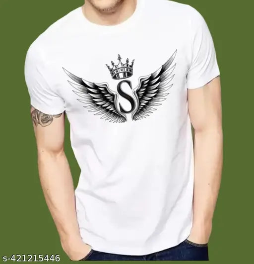 White polyester round neck t-shirt with flying crown design print, short sleeves, lightweight, breathable, and suitable for men's sports and casual style
