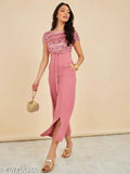Dusty pink embroidered Lycra jumpsuit for women, featuring short sleeves and imported/Lycra fabric