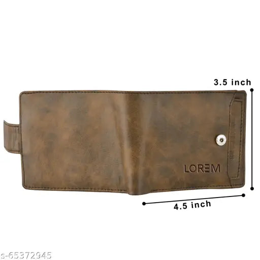 Brown leather men's wallet, textured design with 5 compartments. Lightweight, smooth finish, button closure. Made in India