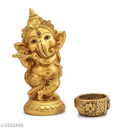 Resin Ganesh statue with diya - Golden decorative Lord Ganesha idol for gift or home decor, 6cm L x 15cm H x 6cm B (India origin)