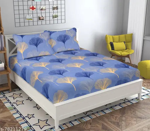 Light Blue & Golden Superfine 180TC Supersoft Premium Brushed Glace Cotton Bedsheets with 2 Pillow Covers for Double Bed, Breathable & Wrinkle Free