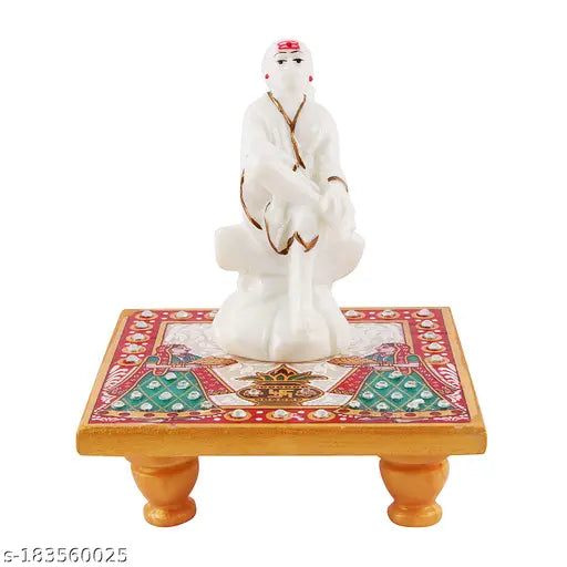 Marble & polyresin Sai Baba Idol with marble chowki, exudes elegance for spiritual decor