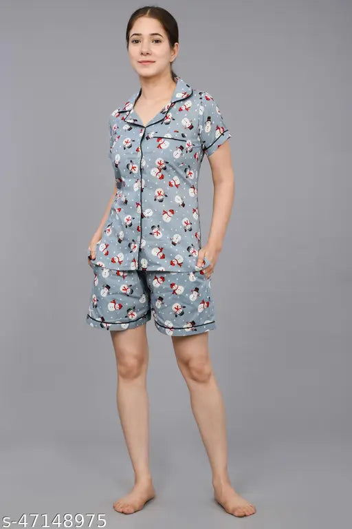 Printed cotton nightsuit set with pyjamas & shorts, featuring beautiful pattern, comfortable for daily wear - Indian made