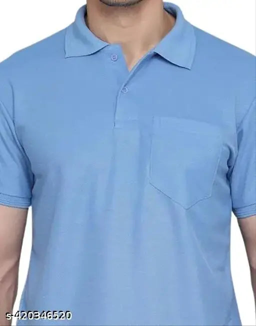 Sky blue cotton blend polo t-shirt for boys and men, half sleeves with ribbed detail, comfortable fit and chest pocket