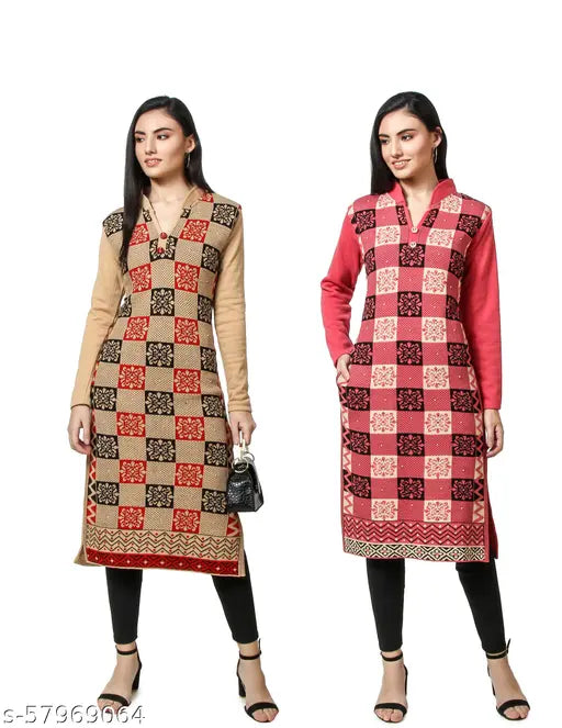 Pink woollen kurta with alignment print, knee-length style