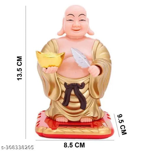 Golden plastic moving head Laughing Buddha with waving fan, solar powered decor for outdoor events