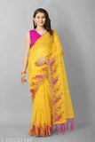 Embroidered saree with beautiful elephant design, super net fabric, free size, off white and mustard yellow colors