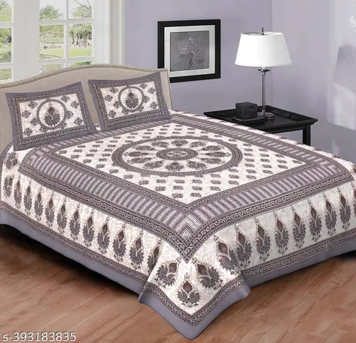 Jaipuri printed cotton double bedsheet, superfine ethnic motifs, summer-ready flat sheets with 2 pillow covers, made in India