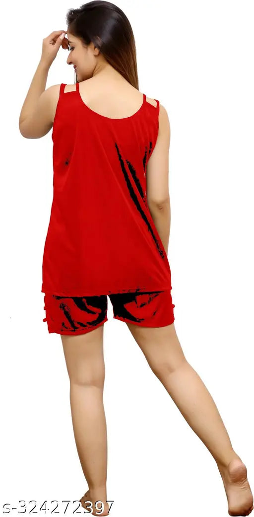 Red satin nightwear top & shorts set, sleeveless, solid pattern. Ansh Collection presents a stylish purple nightsuit. Indian-made, one size fits most (bust 28-36 inches, waist 28-34 inches)