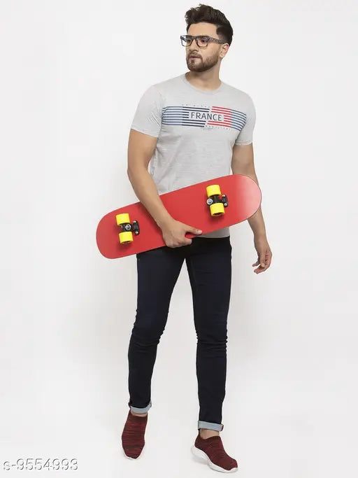 Grey printed crew neck regular fit cotton t-shirt, short sleeves with Indian design on chest