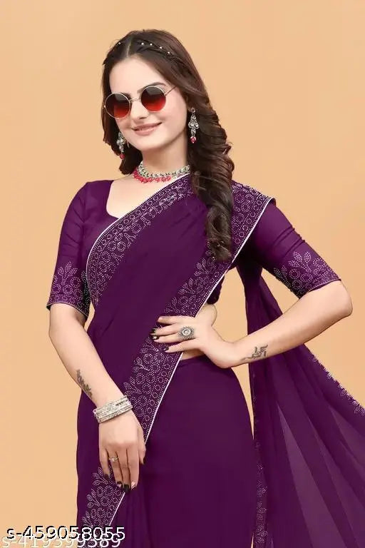 Purple georgette party wear saree with diamond border, traditional design