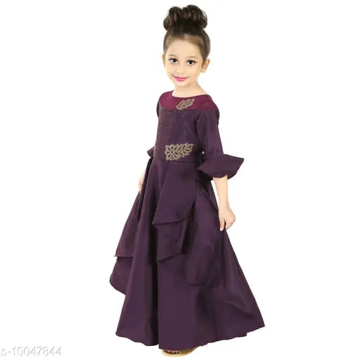 Purple satin ethnic party gown with ruffled sleeves