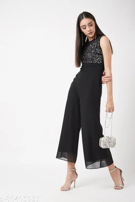 Black Georgette Boat Neck Solid Jumpsuit - Miss Chase Women's Wide Leg Sheer Embellished