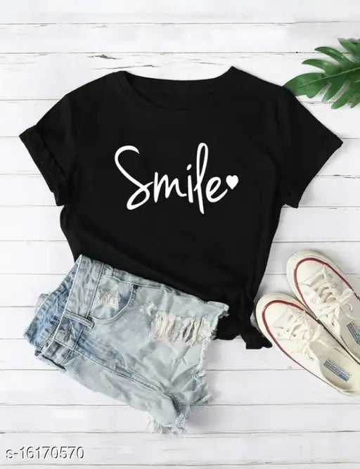 Cotton printed round neck t-shirt for women with smile design, latest fashion in short sleeves. Made in India