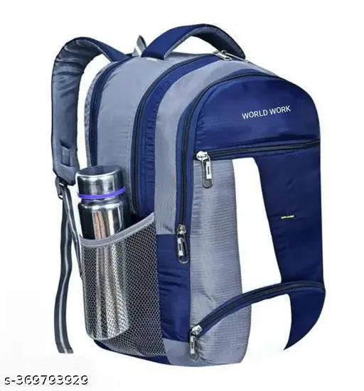 Blue and gray backpack with multiple pockets, designed for men, ideal for travel or daily commute
