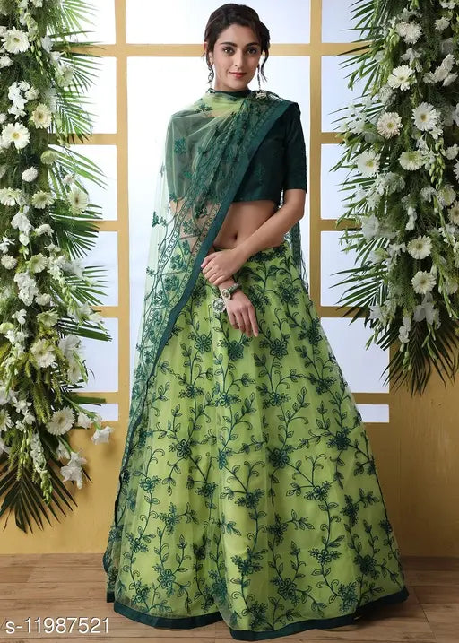Graceful net lehenga with embroidered dupatta, semi-stitched (44m x 42m), Indian-origin women's traditional wear