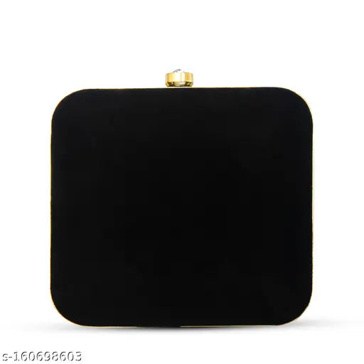 Black, velvet clutch with gold ring detail