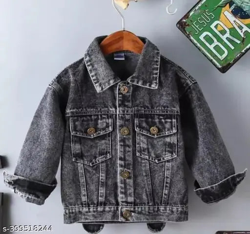 Gray denim jacket with button-up front and two chest pockets