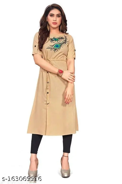 Printed kameez with pankh design, beige or tan cotton fabric