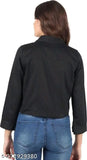 Black denim three-quarter sleeve women's jacket by M S Fashion House, solid pattern for size S, M, L, XL