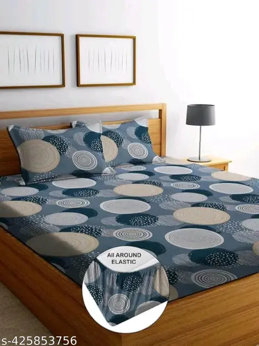 Soft cotton, geometric-patterned, double elastic fitted bedsheet & 2 pillow covers - ideal for summer, 72x78x7 inches